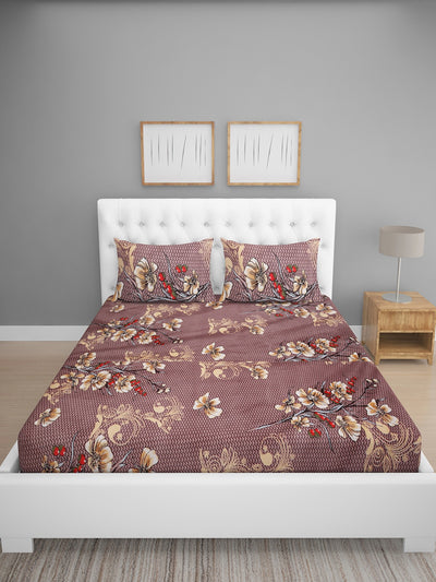 Brown Floral Patterned 144 TC Queen Bedsheet with 2 Pillow Covers