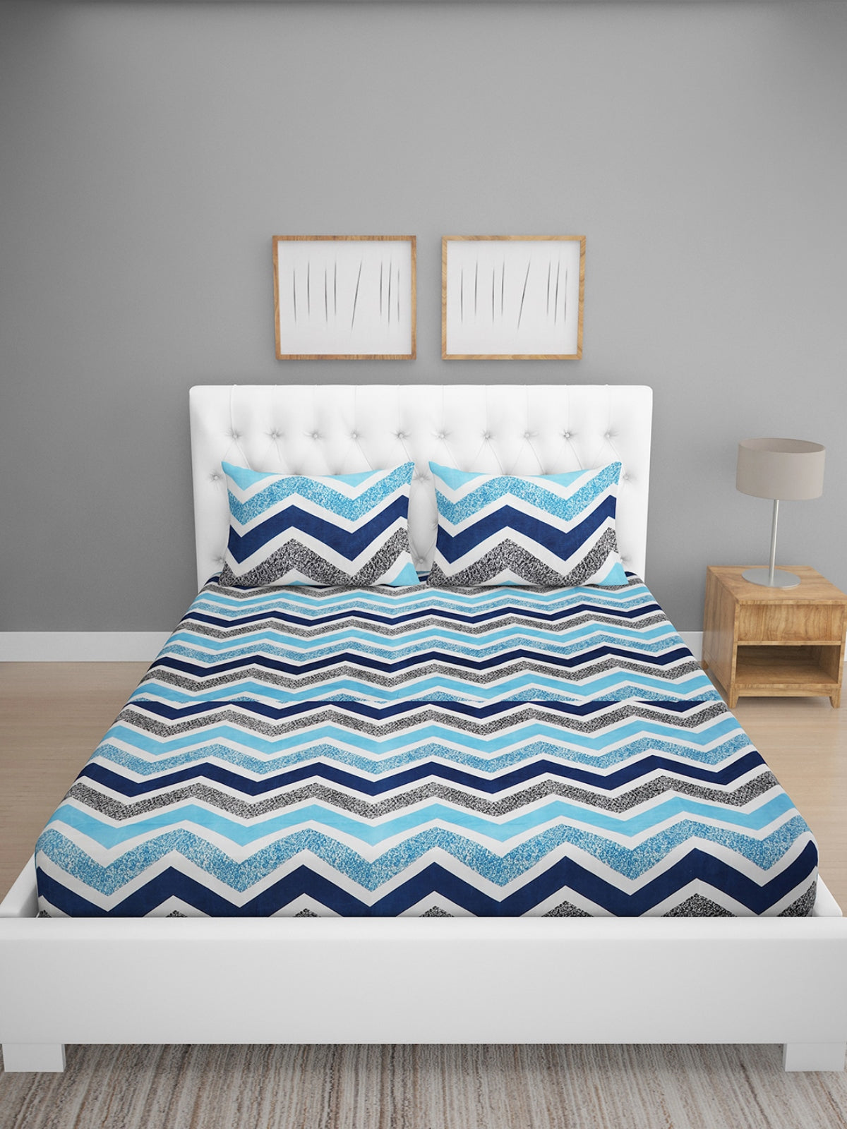Blue Geometric Patterned 144 TC Queen Bedsheet with 2 Pillow Covers