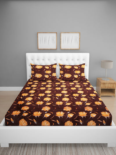 Brown Floral Patterned 144 TC Queen Bedsheet with 2 Pillow Covers