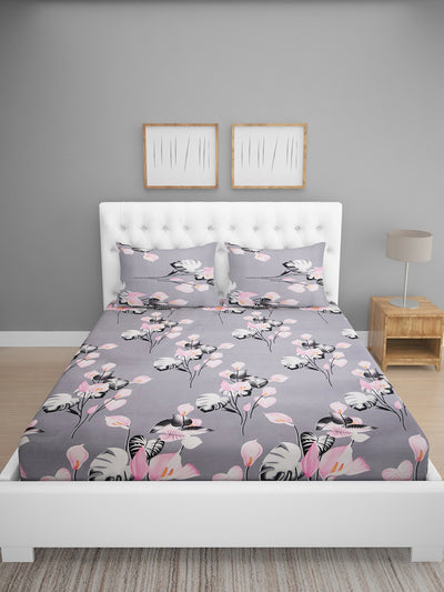 Grey Floral Patterned 144 TC Queen Bedsheet with 2 Pillow Covers