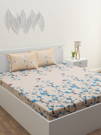 Light Peach & Blue Floral Patterned 160 TC King Bedsheet with 2 Pillow Covers