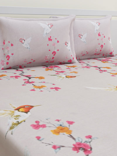 Light Peach & Pink Floral Patterned 160 TC King Bedsheet with 2 Pillow Covers