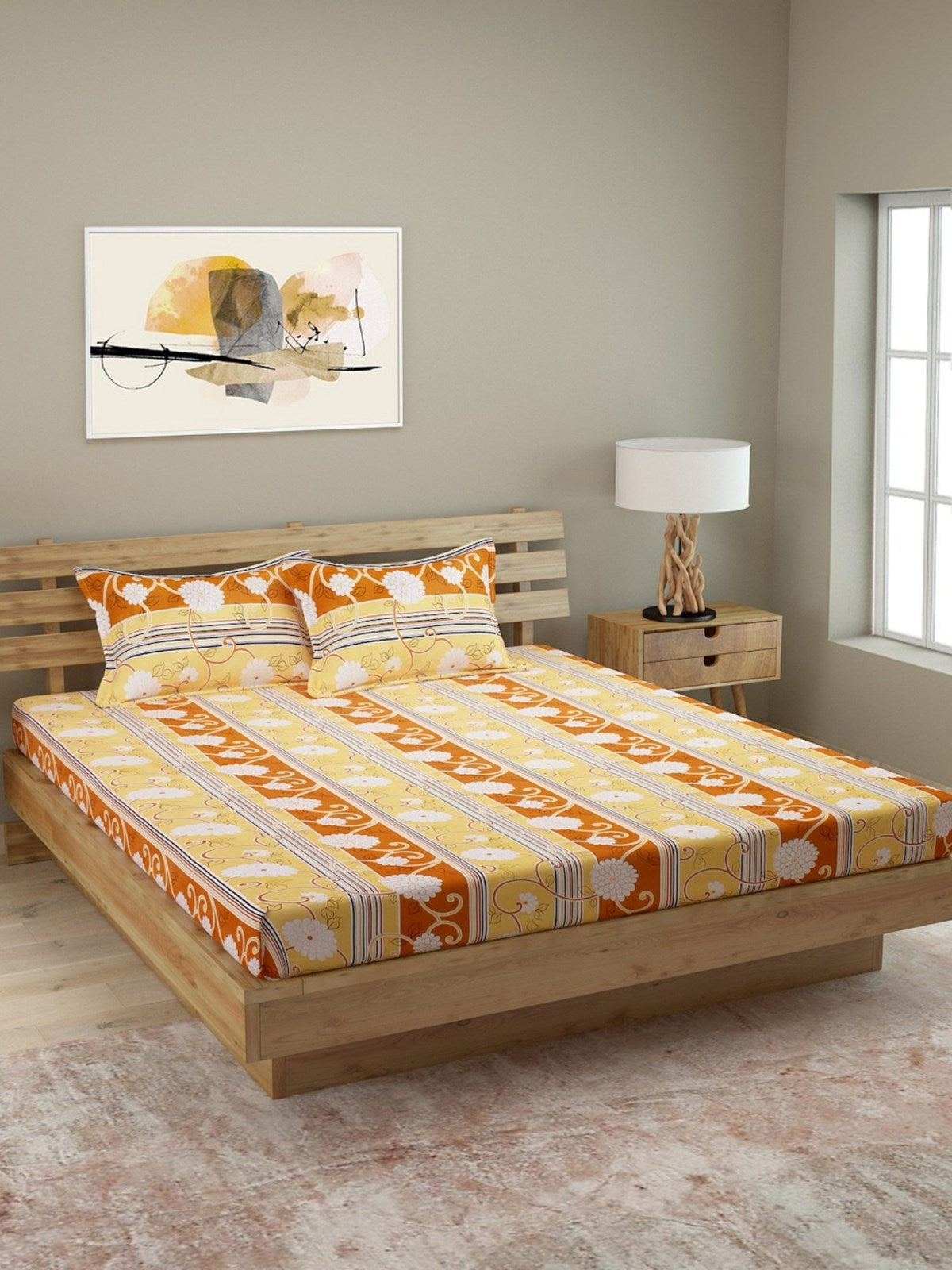 Yellow & Orange 144 TC Bedsheet with 2 Pillow Covers