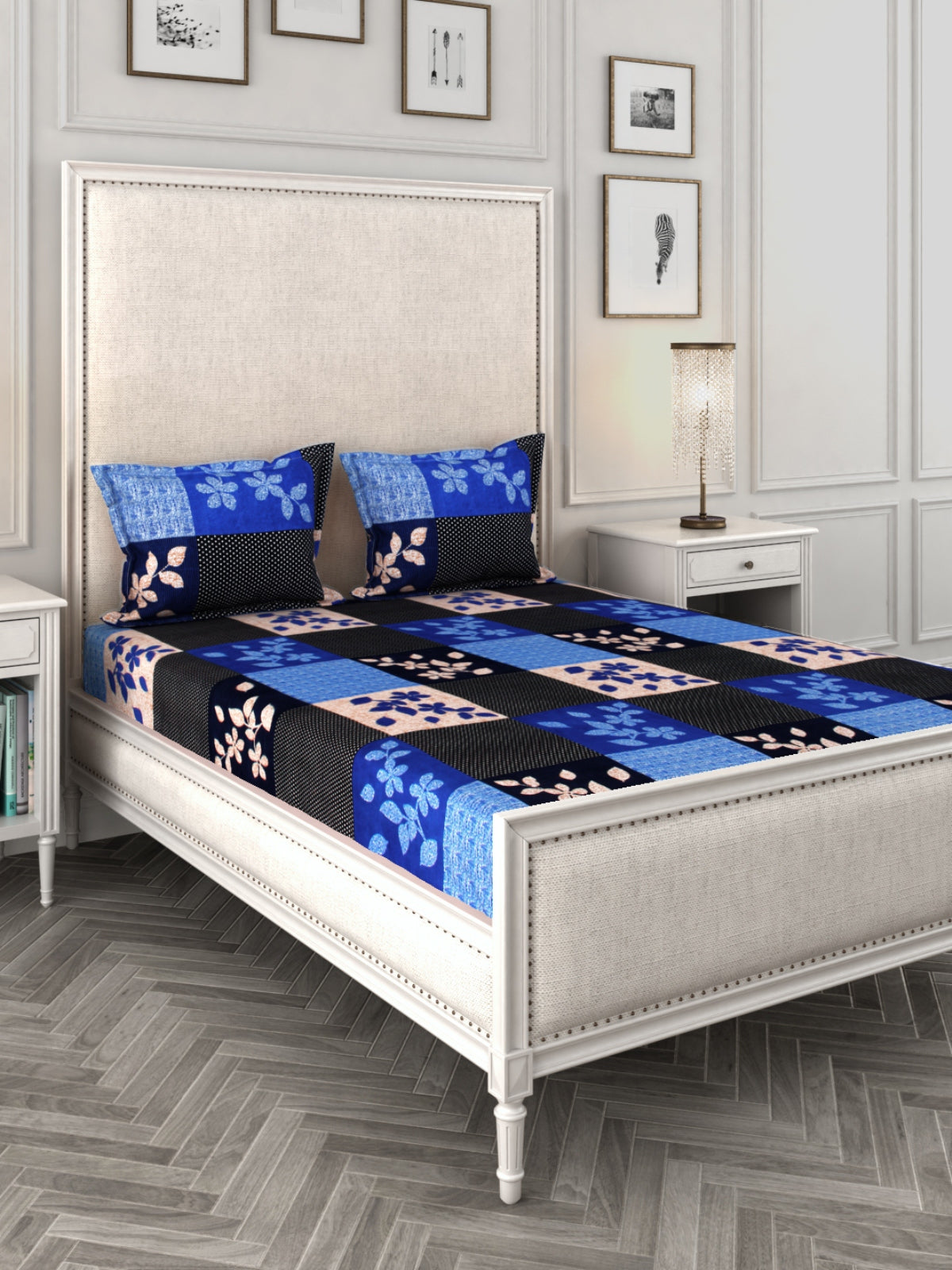 144 TC Blue & Black Bedsheet with 2 Pillow Covers