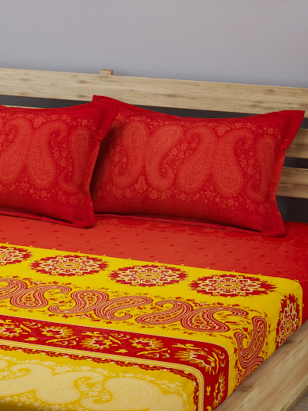 Red & Yellow 210 TC Bedsheet with 2 Pillow Covers