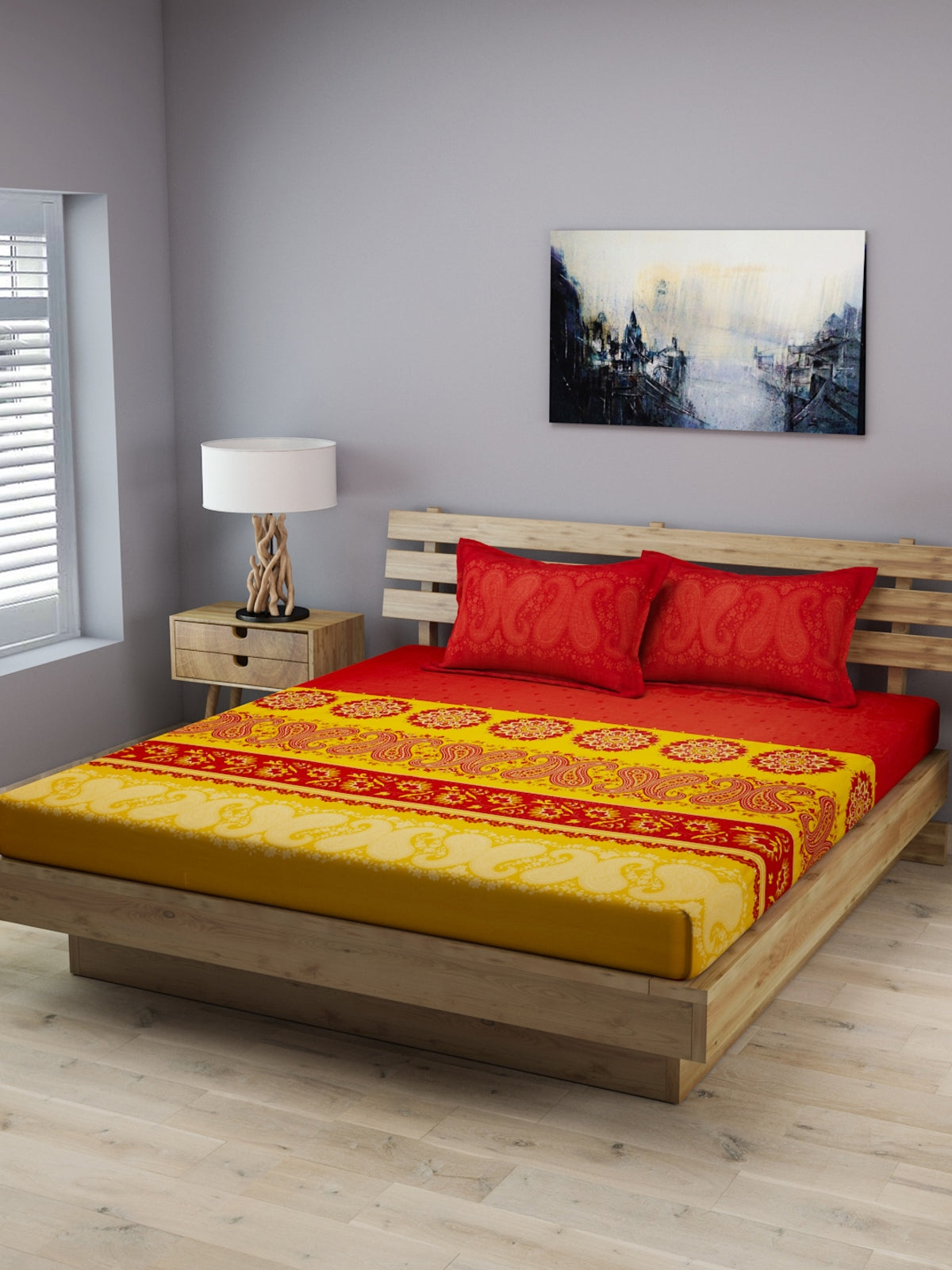 Red & Yellow 210 TC Bedsheet with 2 Pillow Covers