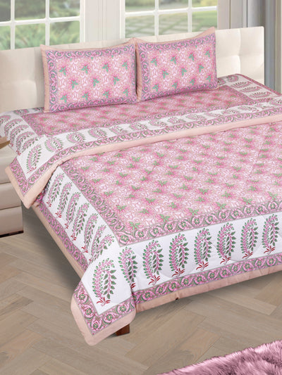 Jaipuri Bedding Set Reversible AC Comforter with Bedsheet and 2 Pillow Covers, Pink