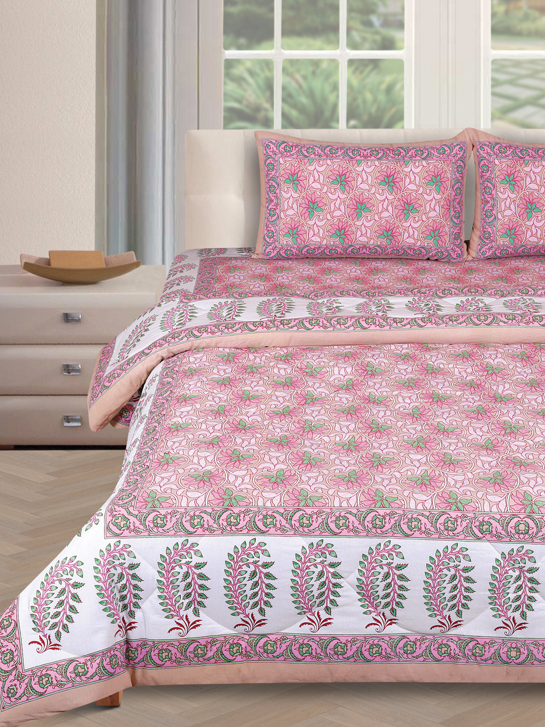 Jaipuri Bedding Set Reversible AC Comforter with Bedsheet and 2 Pillow Covers, Pink