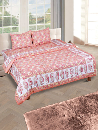 Jaipuri Bedding Set Reversible AC Comforter with Bedsheet and 2 Pillow Covers, Peach