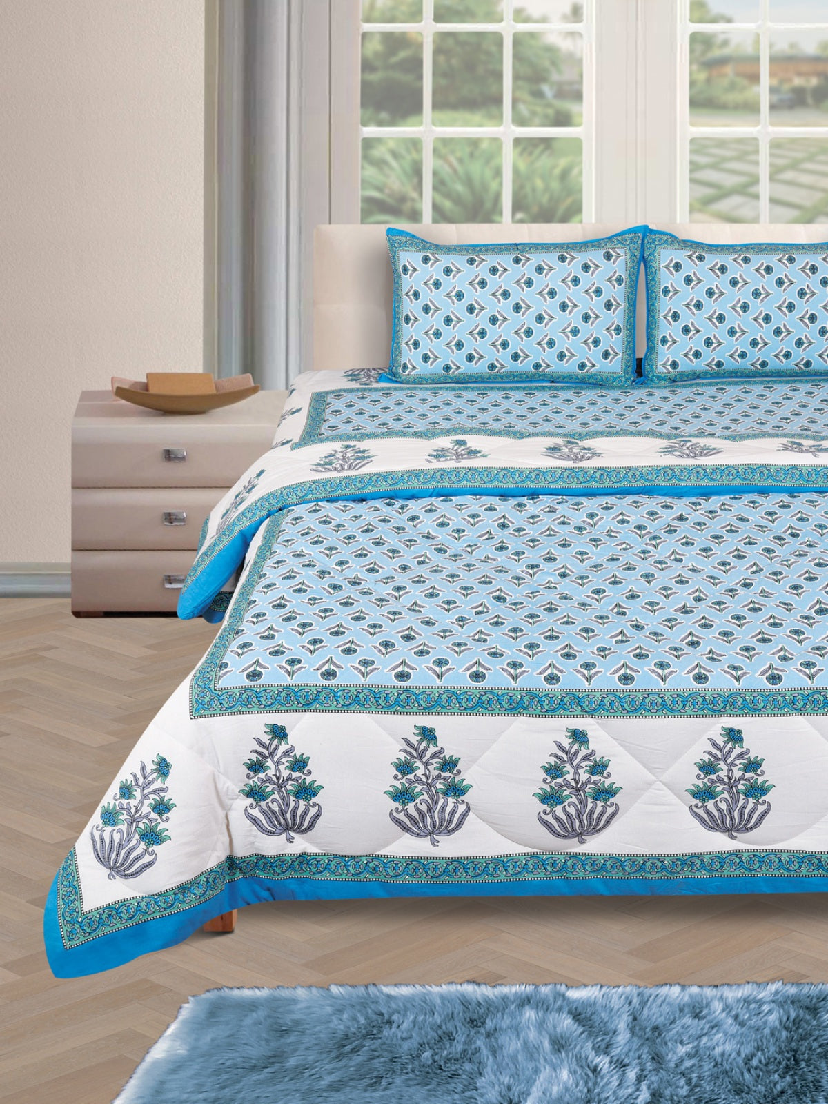 Jaipuri Bedding Set Reversible AC Comforter with Bedsheet and 2 Pillow Covers, Turquoise