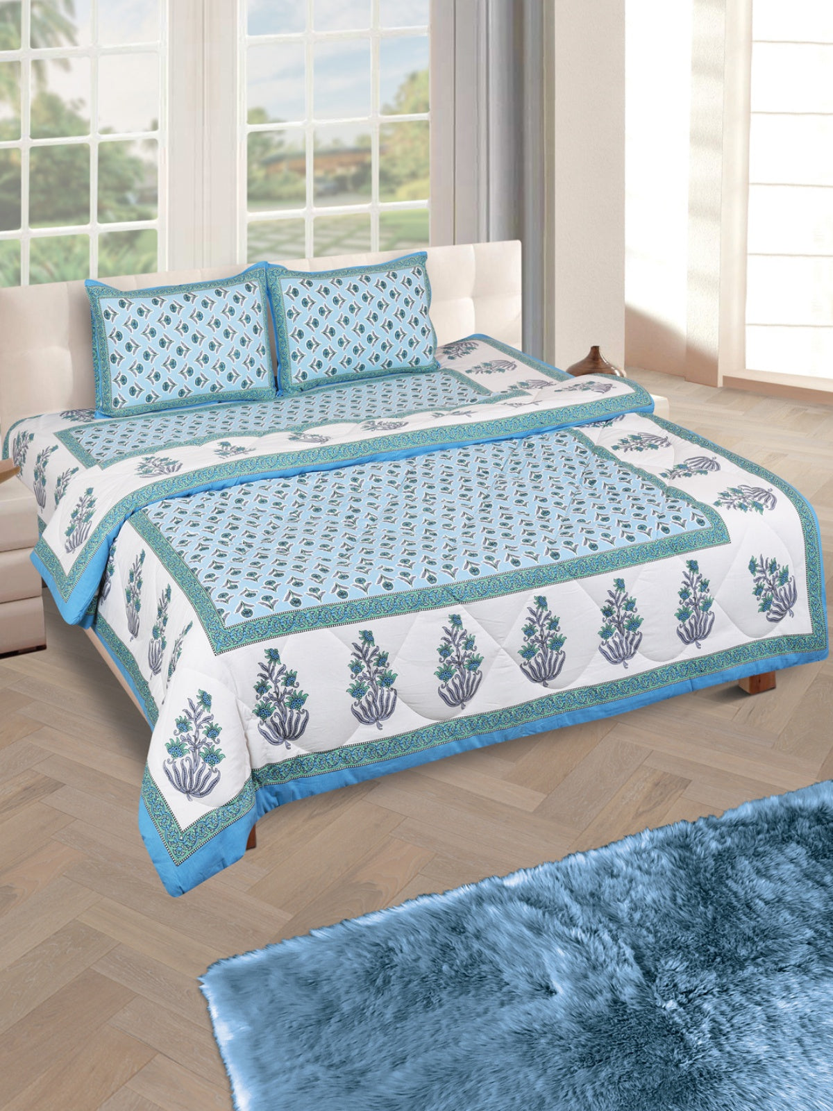 Jaipuri Bedding Set Reversible AC Comforter with Bedsheet and 2 Pillow Covers, Turquoise