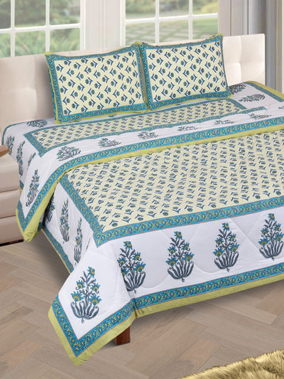 Jaipuri Bedding Set Reversible AC Comforter with Bedsheet and 2 Pillow Covers, Green & Blue