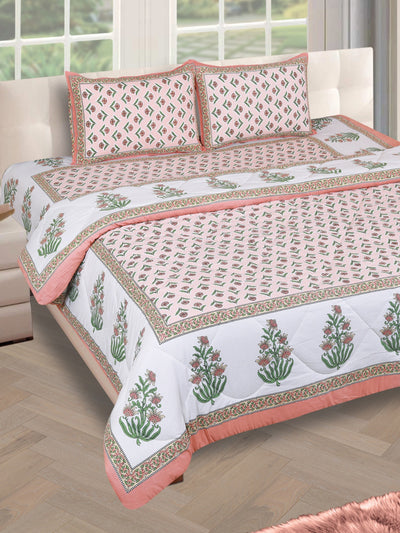 Jaipuri Bedding Set Reversible AC Comforter with Bedsheet and 2 Pillow Covers, Peach & Green