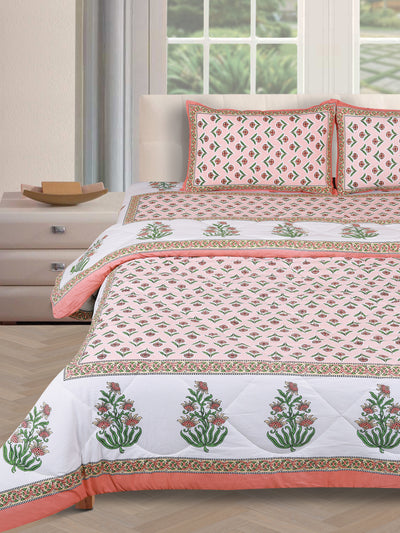 Jaipuri Bedding Set Reversible AC Comforter with Bedsheet and 2 Pillow Covers, Peach & Green