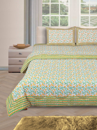 Jaipuri Bedding Set Reversible AC Comforter with Bedsheet and 2 Pillow Covers, Green, Yellow