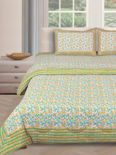 Jaipuri Bedding Set Reversible AC Comforter with Bedsheet and 2 Pillow Covers, Green, Yellow