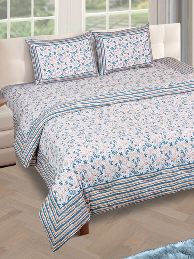Jaipuri Bedding Set Reversible AC Comforter with Bedsheet and 2 Pillow Covers, Blue & White