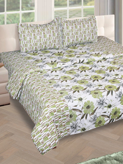 Green & Off White Bedding Set 1 Bedsheet with 2 Pillow Covers , 1 Quilt/Blanket