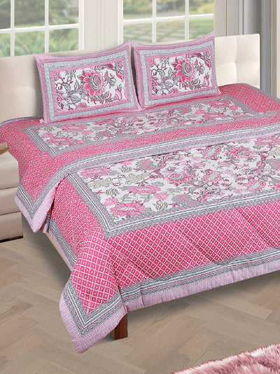 Jaipuri Bedding Set Quilt With King Size Bedsheet and 2 Pillow Covers, Pink & White