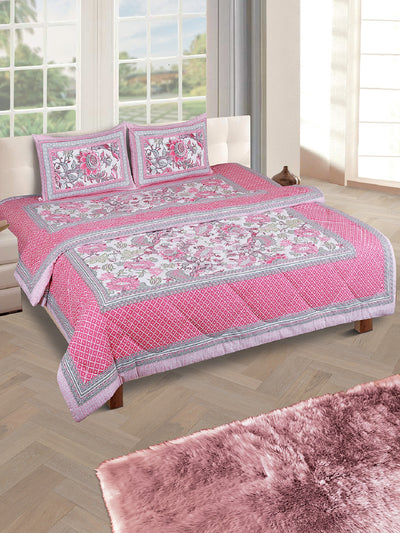 Jaipuri Bedding Set Quilt With King Size Bedsheet and 2 Pillow Covers, Pink & White