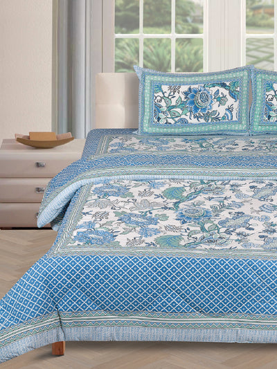 Jaipuri Bedding Set Quilt With King Size Bedsheet and 2 Pillow Covers, Blue & White