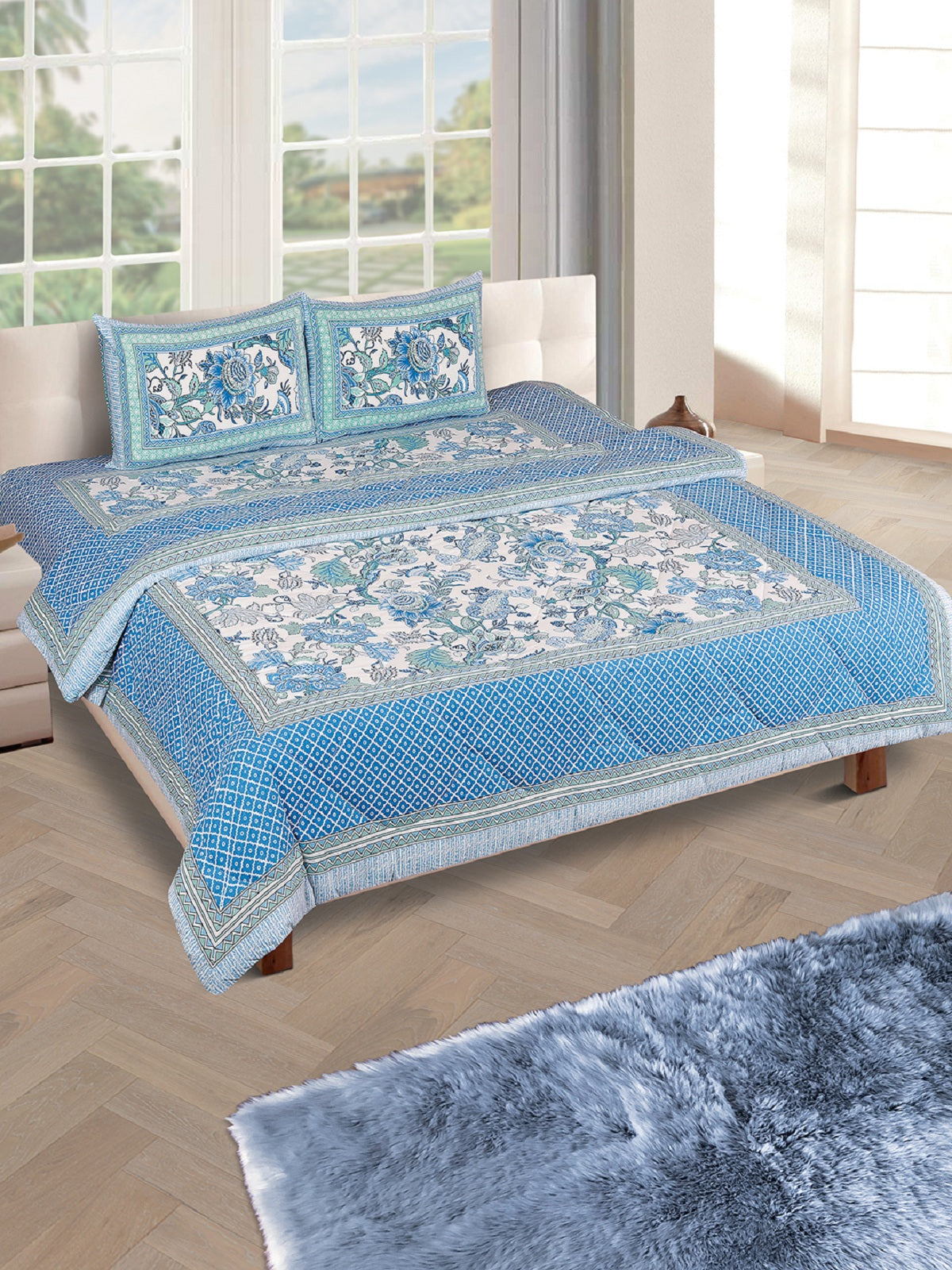 Jaipuri Bedding Set Quilt With King Size Bedsheet and 2 Pillow Covers, Blue & White