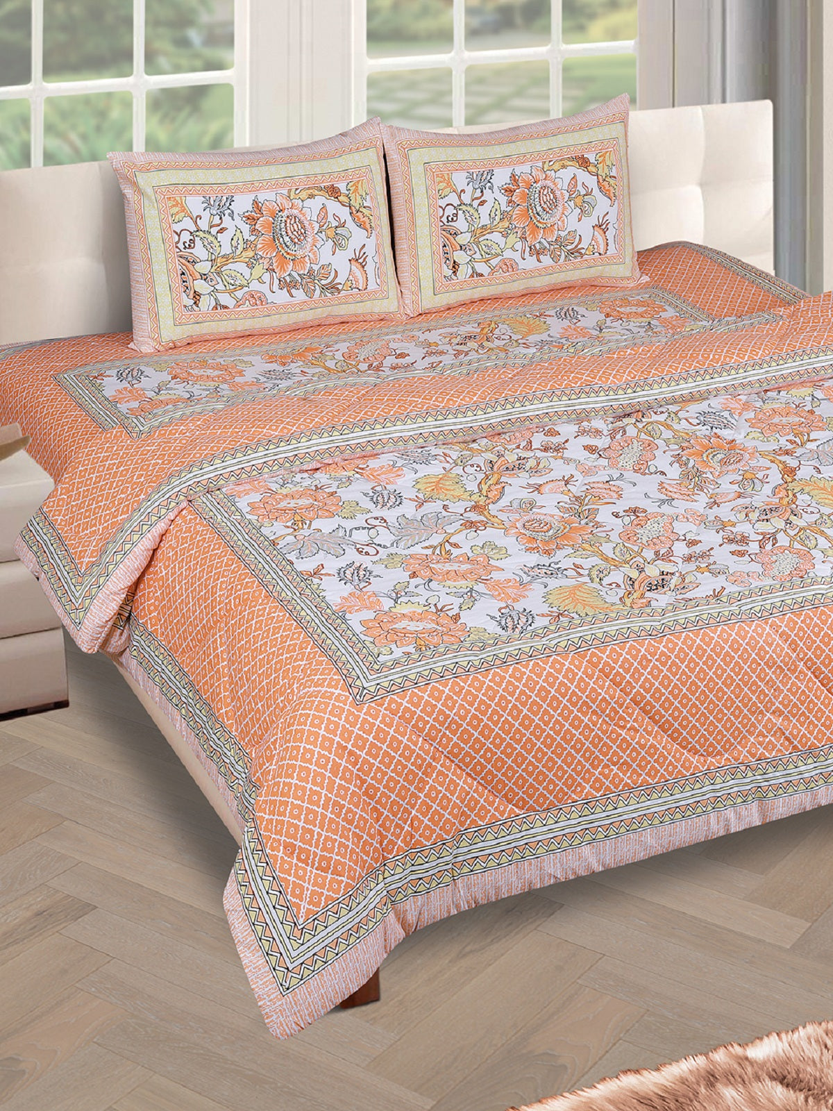 Jaipuri Bedding Set Quilt With King Size Bedsheet and 2 Pillow Covers, Orange & White
