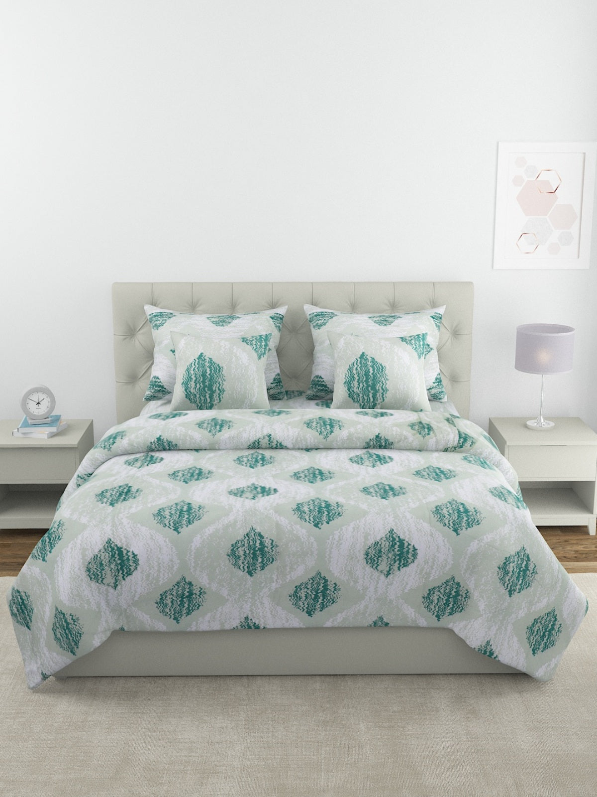 Grey & Green Bedding Set 1 Bedsheet with 2 Pillow Covers , 1 Quilt/Blanket
