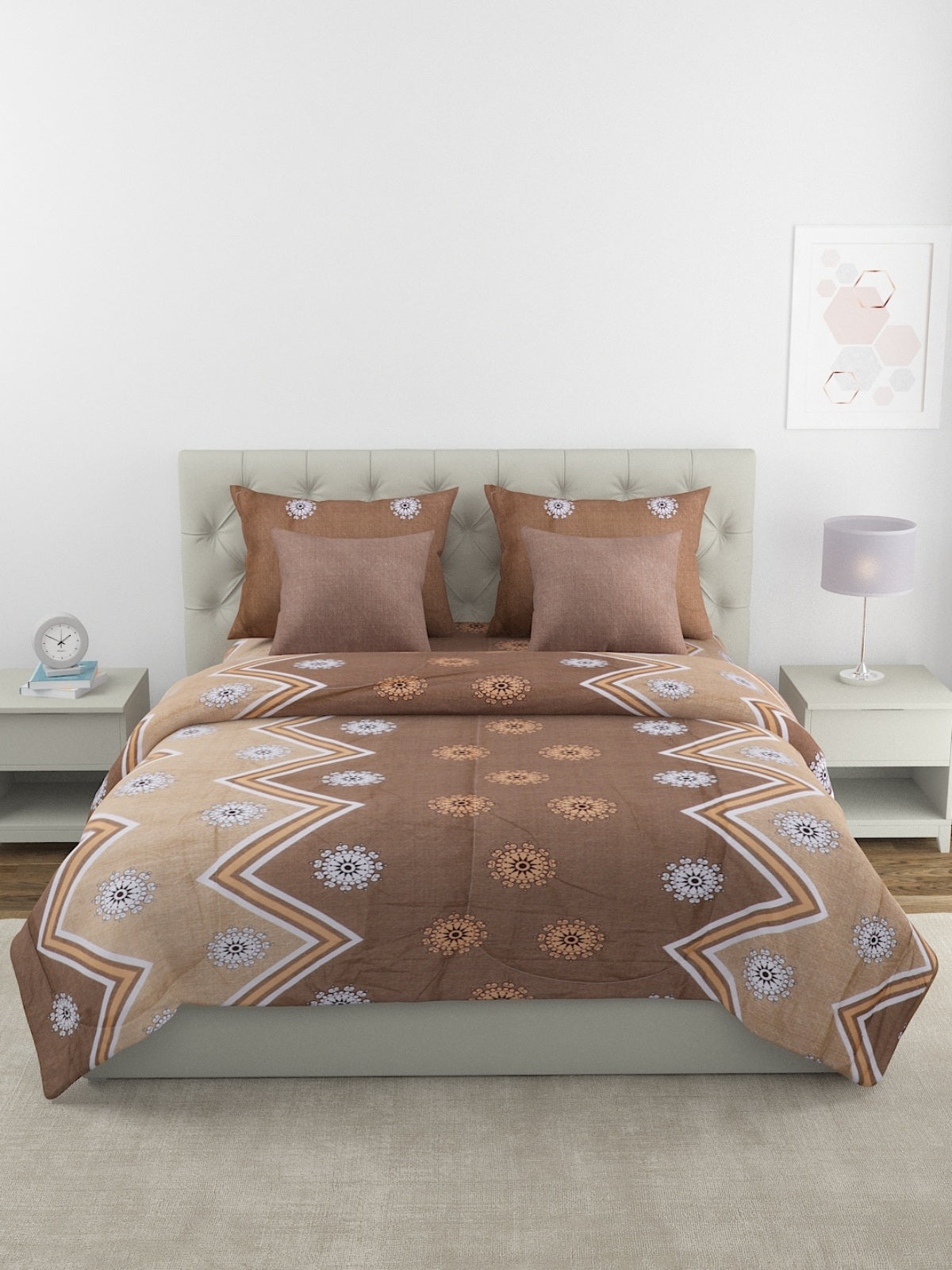 Brown & Beige Bedding Set 1 Bedsheet with 2 Pillow Covers , 1 Quilt/Blanket