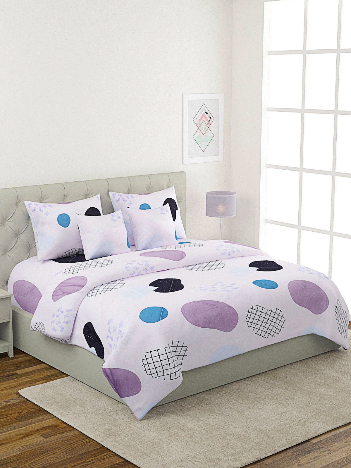 White & Purple 6 Pcs Abstract Patterned 210 GSM Bedding Set