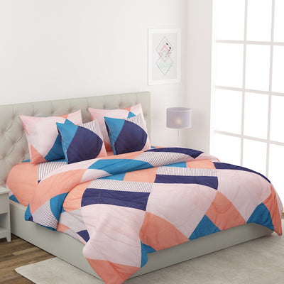 Peach & Blue 6 Pcs Geometric Patterned 210 GSM Bedding Set