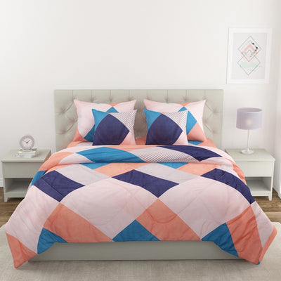 Peach & Blue 6 Pcs Geometric Patterned 210 GSM Bedding Set