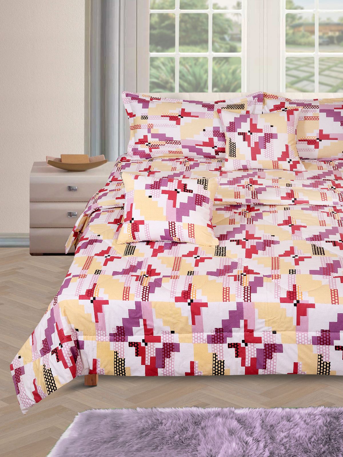 Multicolor Geometric Printed Cotton Double Queen Bedding Set With Pillow Cover