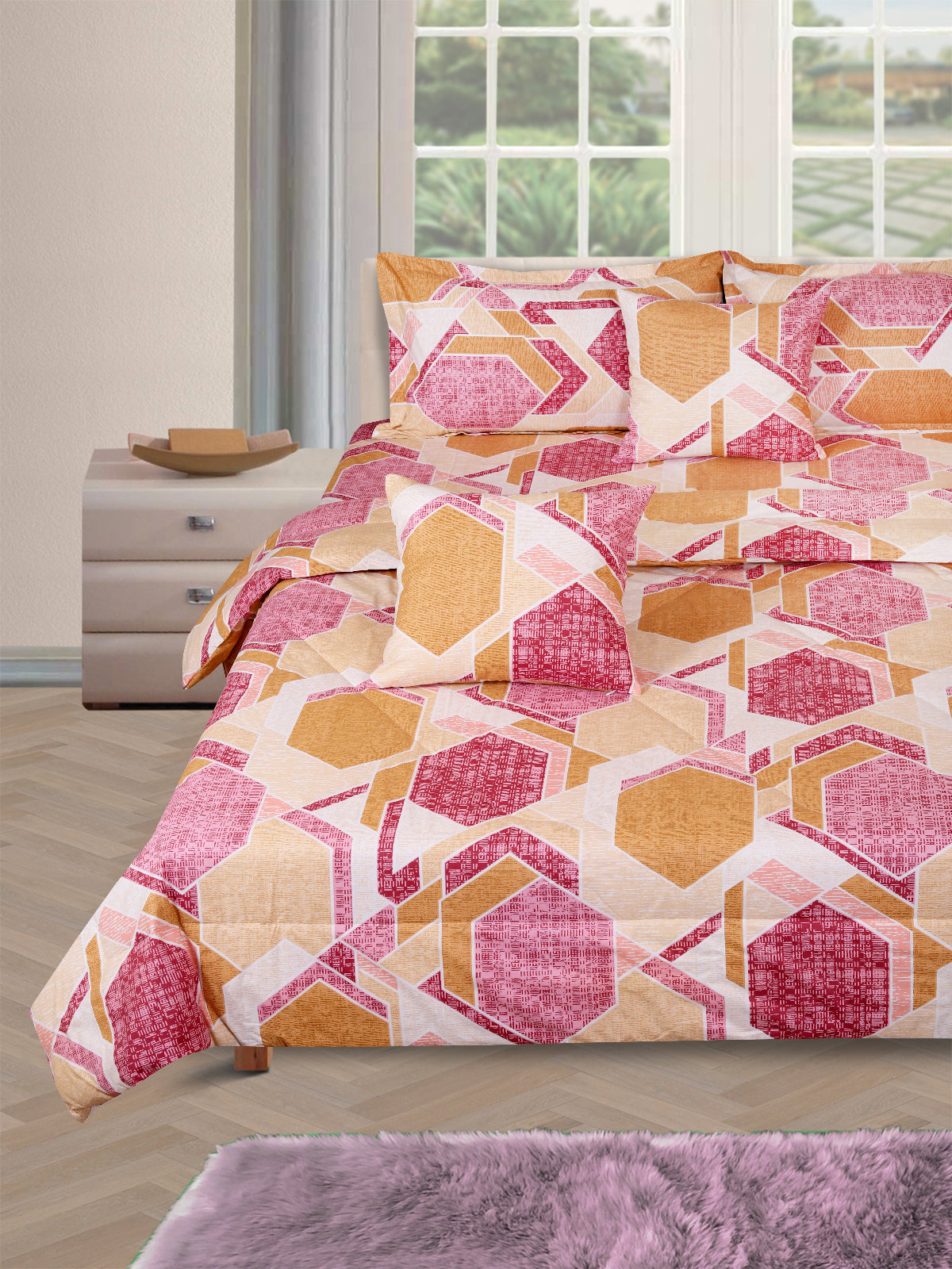 Beige & Pink Geometric Printed Cotton Double Queen Bedding Set With Pillow Cover