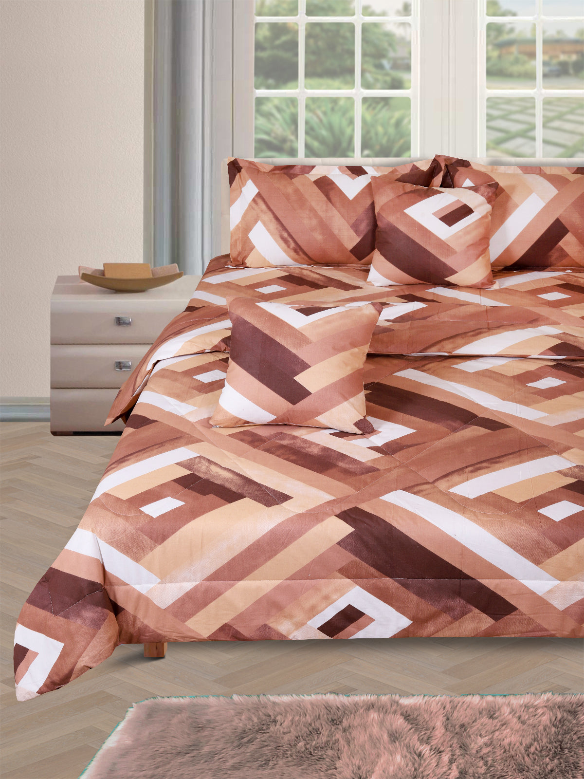 Brown Geometric Printed Cotton Double Queen Bedding Set With Pillow Cover
