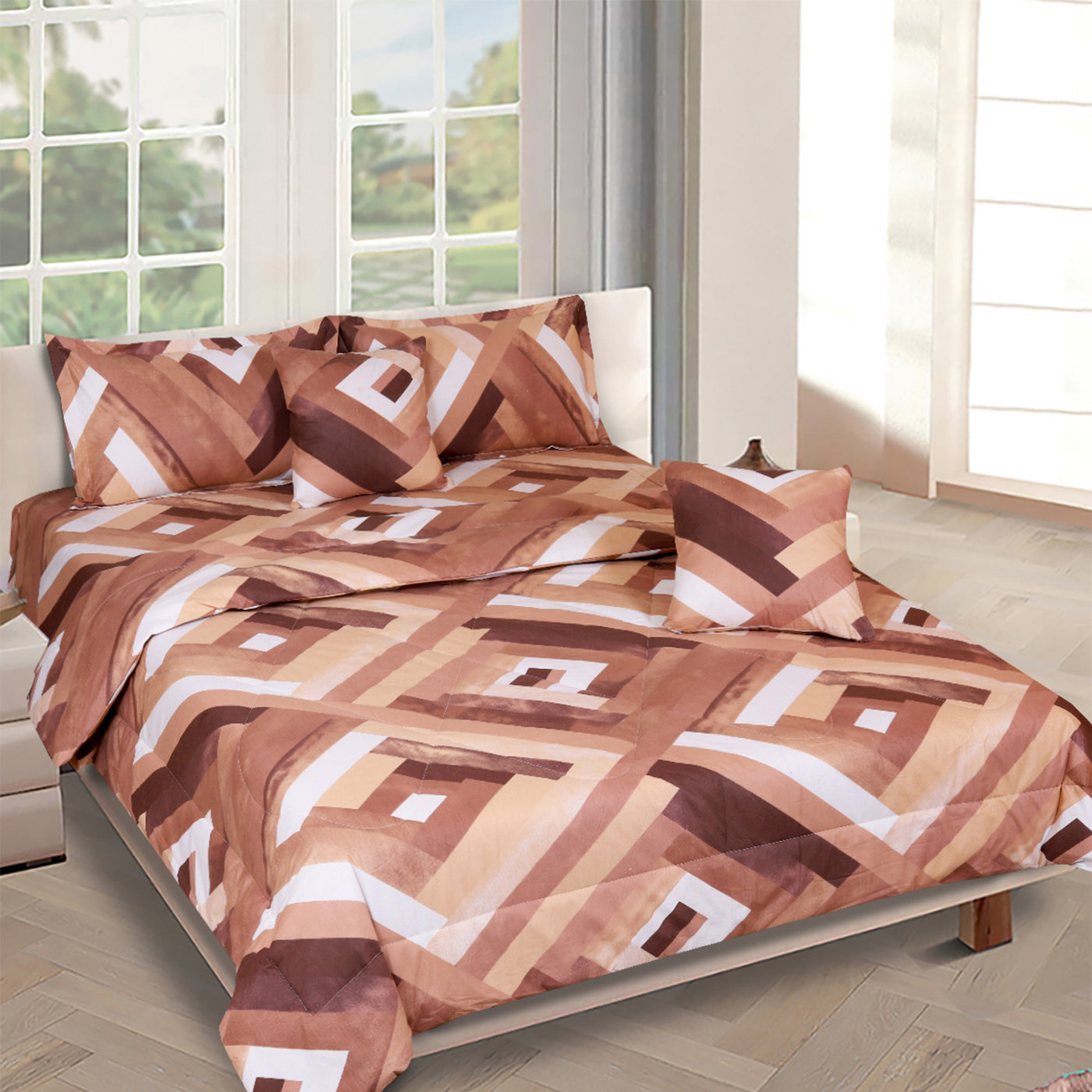 Brown Geometric Printed Cotton Double Queen Bedding Set With Pillow Cover