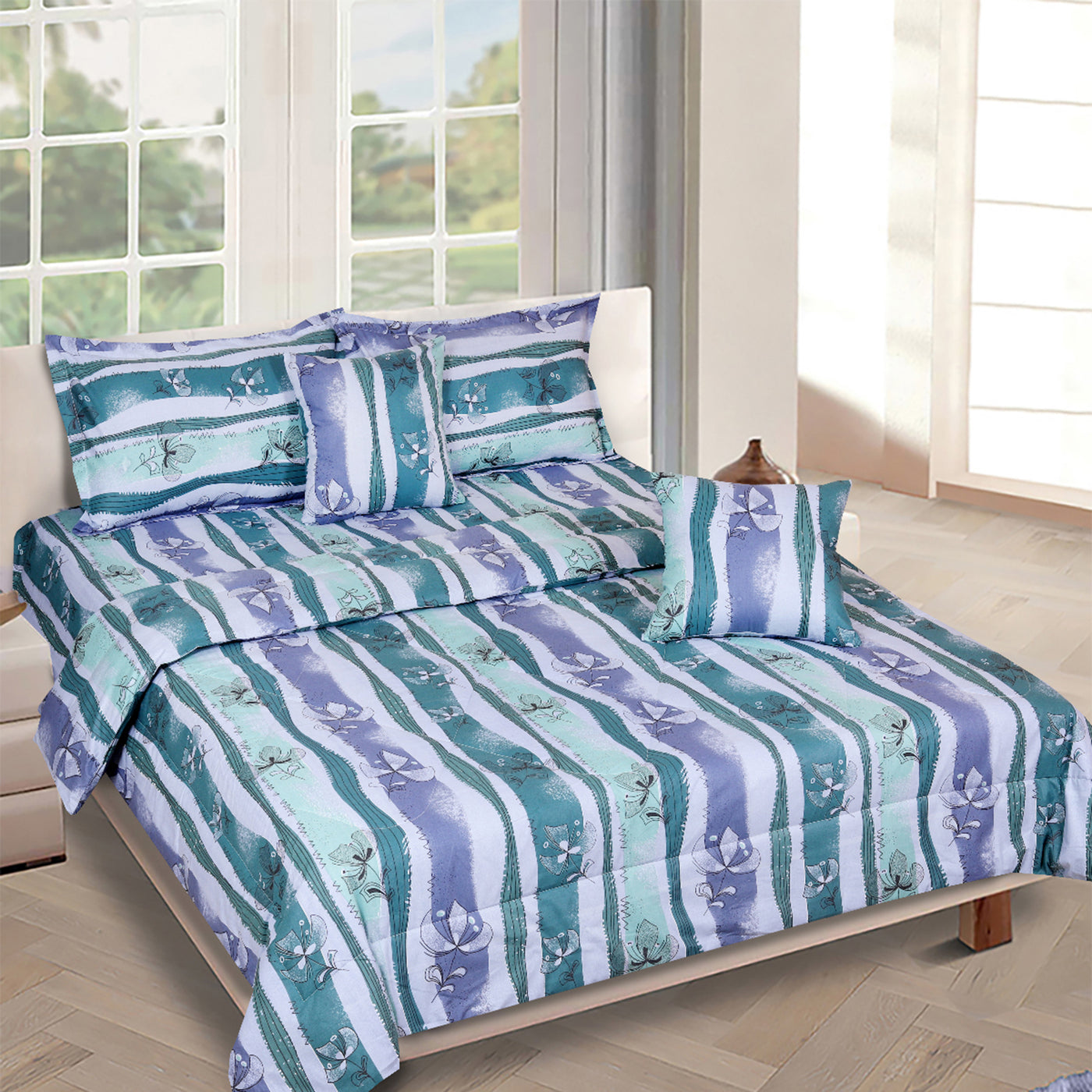 Teal & Blue Floral Printed Cotton Double Queen Bedding Set With Pillow Cover