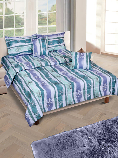 Teal & Blue Floral Printed Cotton Double Queen Bedding Set With Pillow Cover