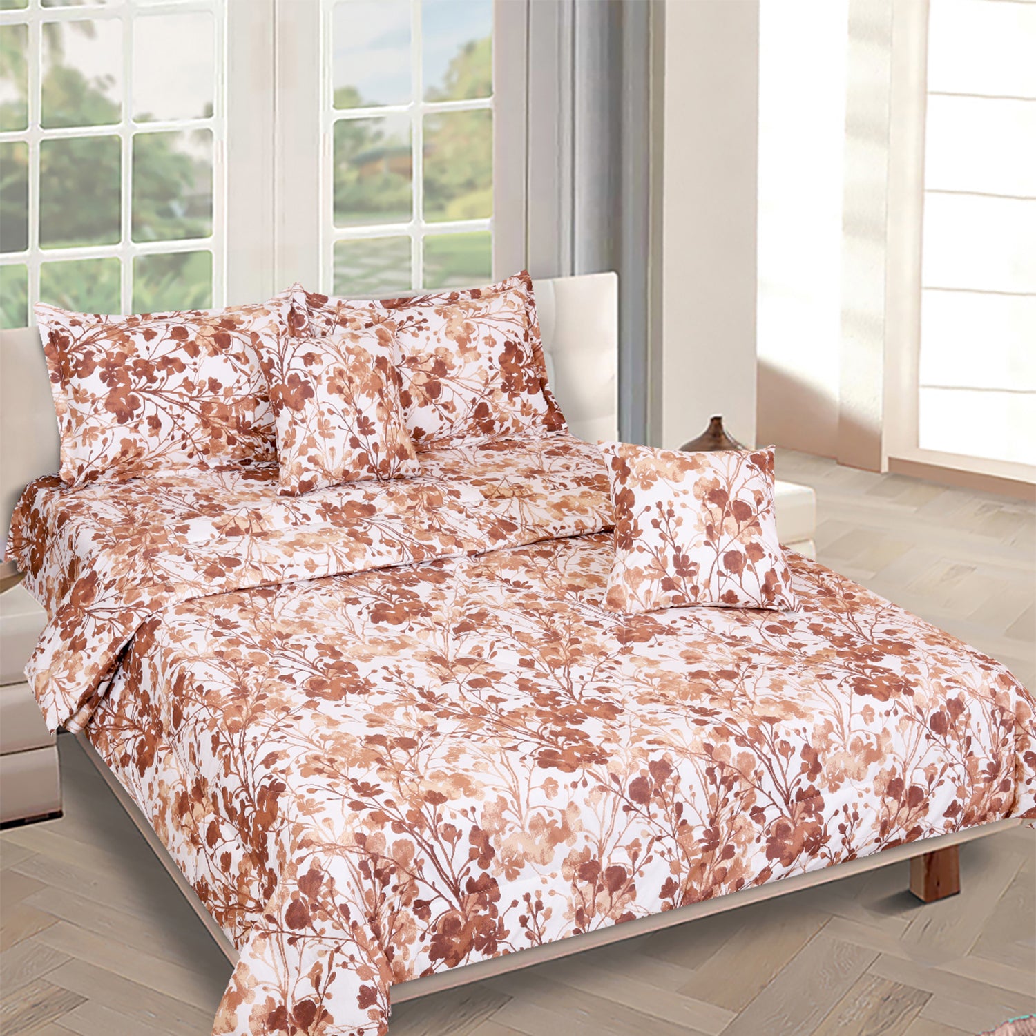 Cream Brown Floral Printed Cotton Double Queen Bedding Set With Pillow Cover