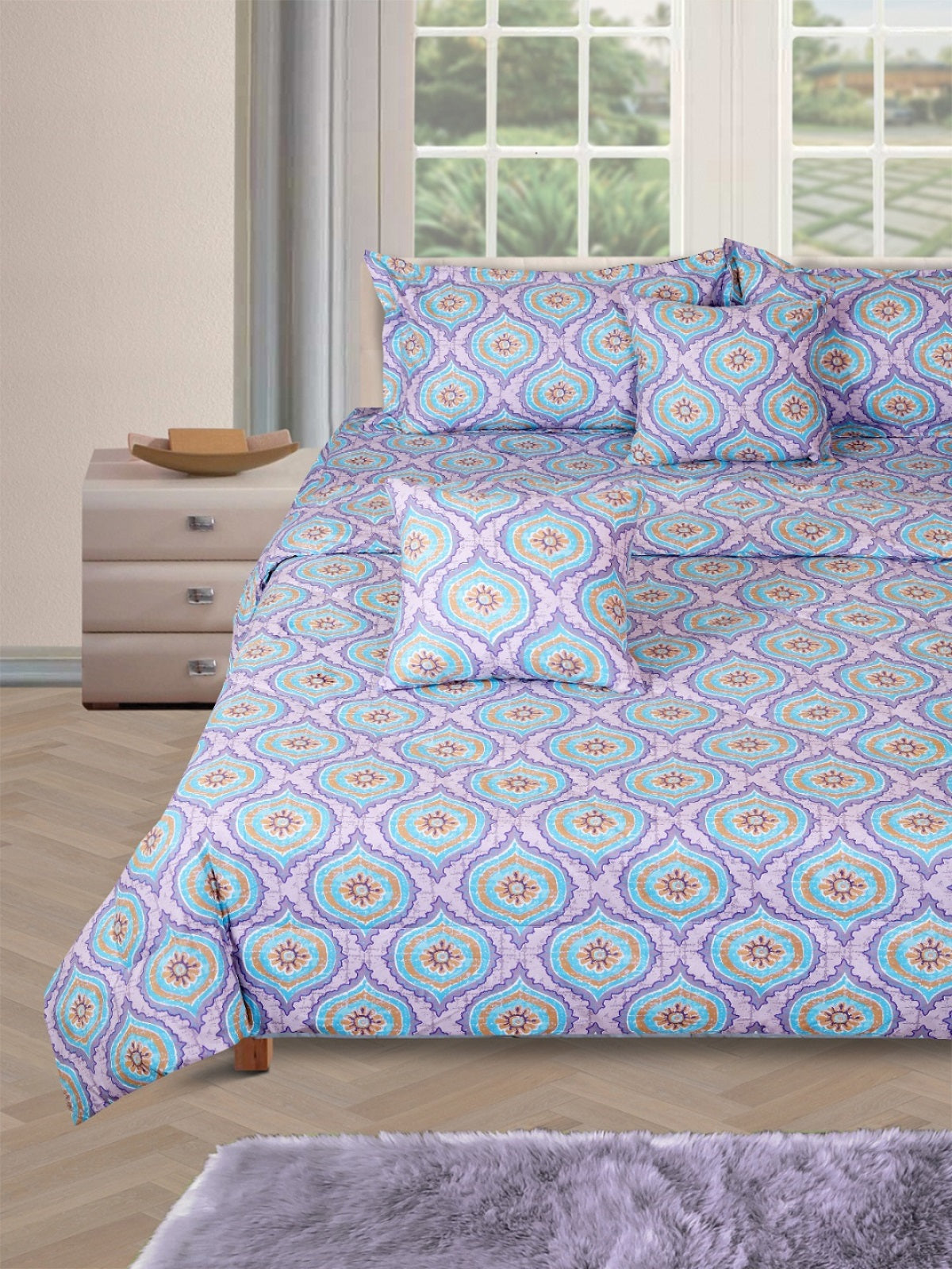 Blue Ethnic Motifs Printed Cotton Double Queen Bedding Set With Pillow Cover