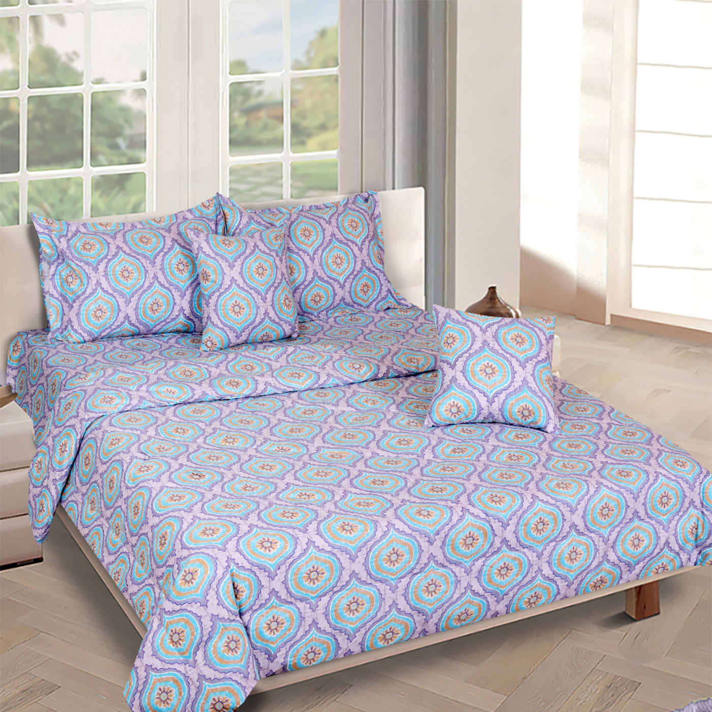 Blue Ethnic Motifs Printed Cotton Double Queen Bedding Set With Pillow Cover