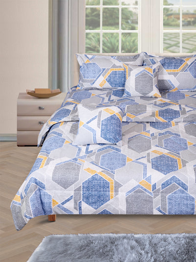 Blue & Silver Geometric Printed Cotton Double Queen Bedding Set With Pillow Cover