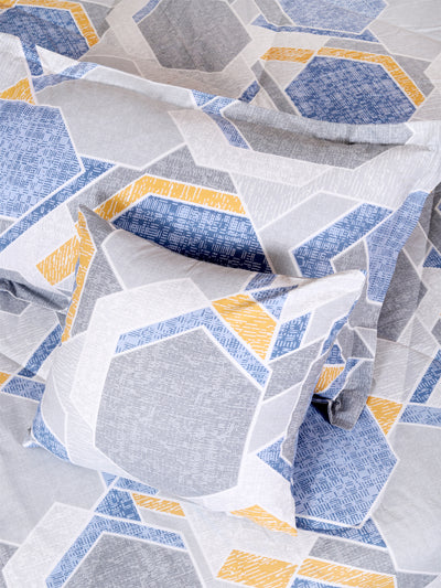 Blue & Silver Geometric Printed Cotton Double Queen Bedding Set With Pillow Cover