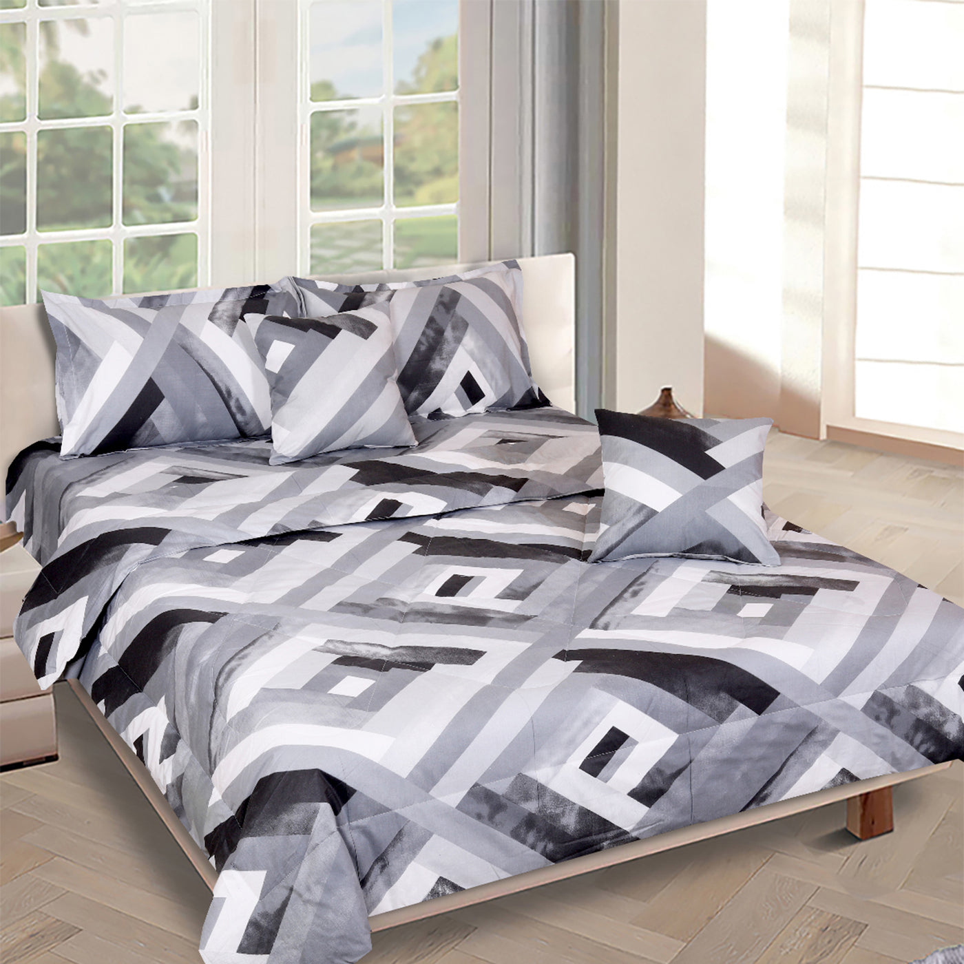Grey & Silver Geometric Printed Cotton Double Queen Bedding Set With Pillow Cover
