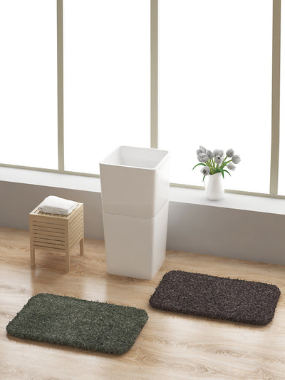 Green & Brown Set of 2 Solid Patterned Microfiber Bathmat