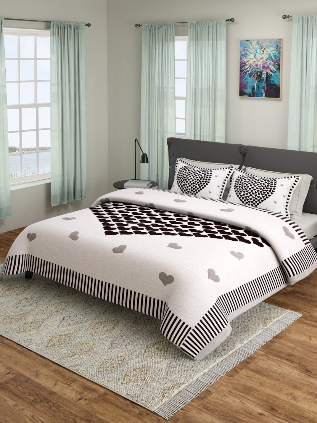 Beige & Black Double Bed Cover with 2 Pillow Covers