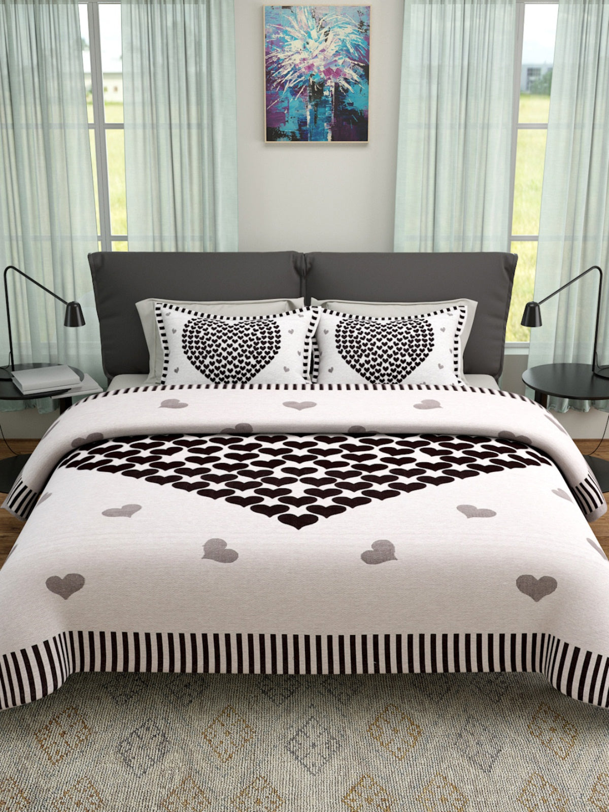 Beige & Black Double Bed Cover with 2 Pillow Covers