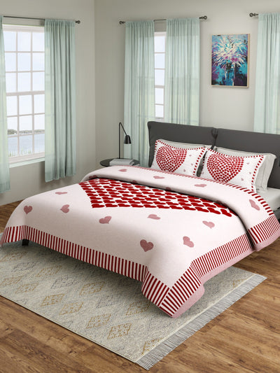 Beige & Red Double Bed Cover with 2 Pillow Covers