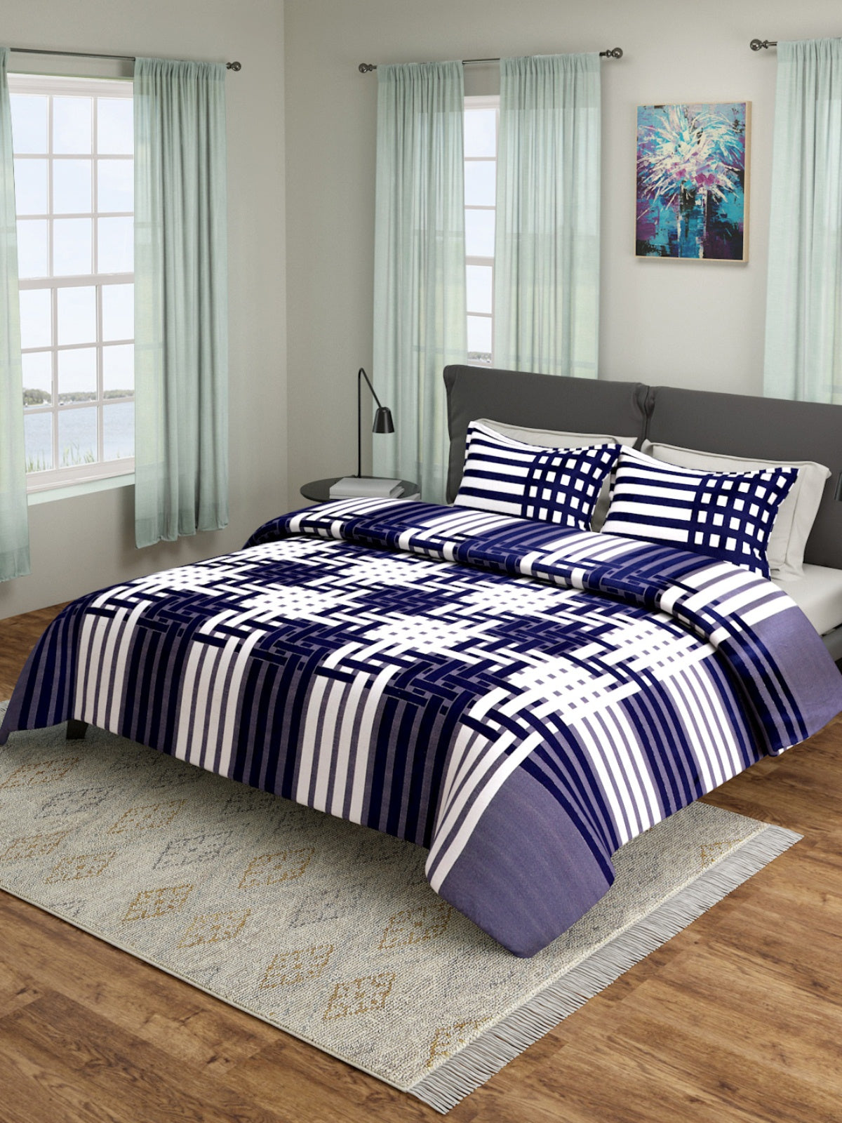 Blue & White Double Bed Cover with 2 Pillow Covers