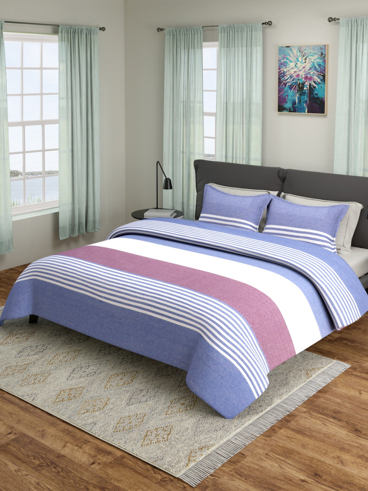 Blue & White Double Bed Cover with 2 Pillow Covers